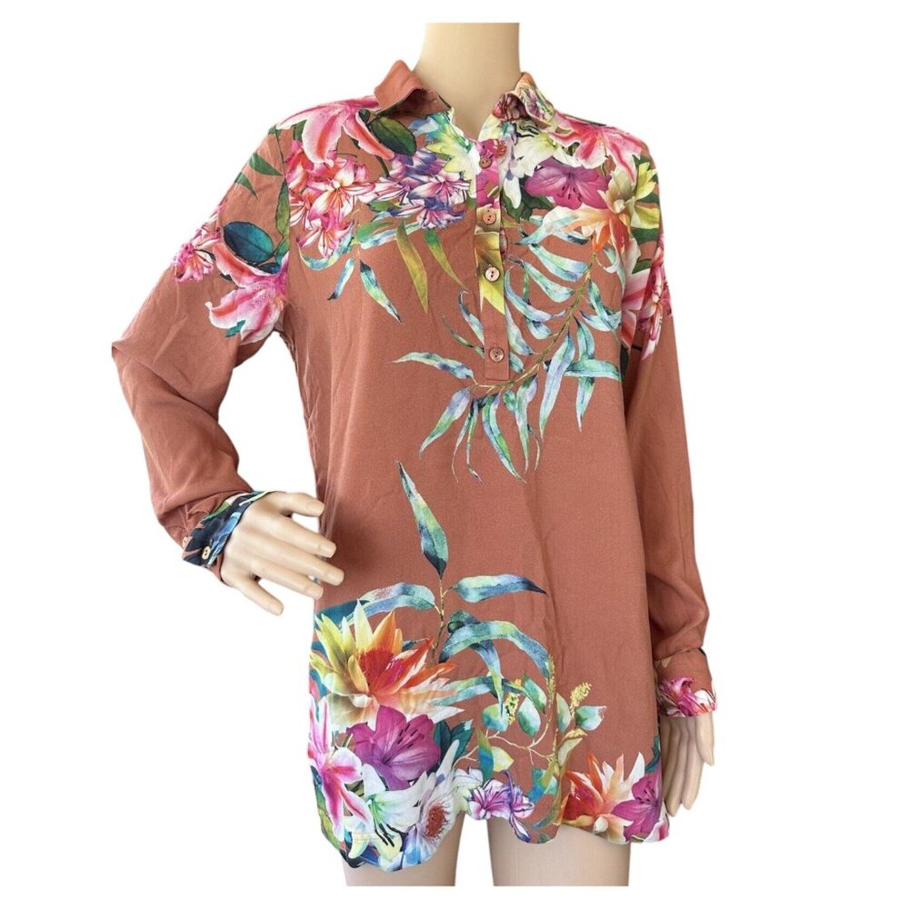 SOFT SURROUNDINGS Florentine Garden Tunic M Floral Popover Top Long Sleeve